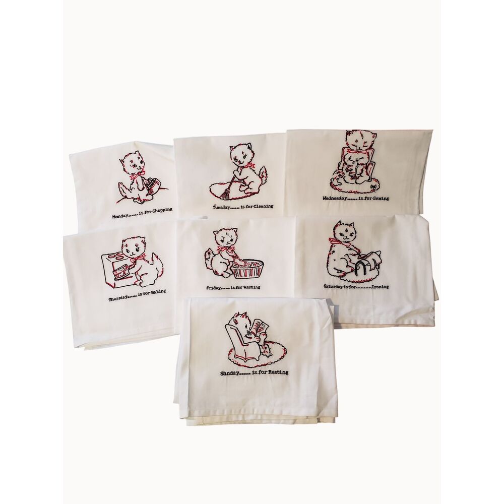 7Days Of The Week Kitty Cat Embroidered VTG Tea Towels White Cotton Cottagecore